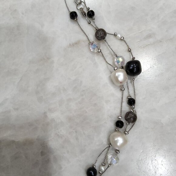 Multi Strand Black and Rhinestone Beads and Faux Pearl Necklace - Picture 3 of 4